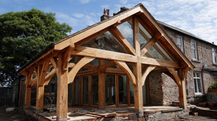 Obraz premium Beautifully designed wooden structure under construction in a scenic countryside setting with plenty of natural light