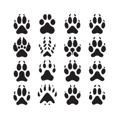 Fototapeta premium Grid of Sixteen Black Animal Paw Print Silhouettes on White Background footprint animal tracks