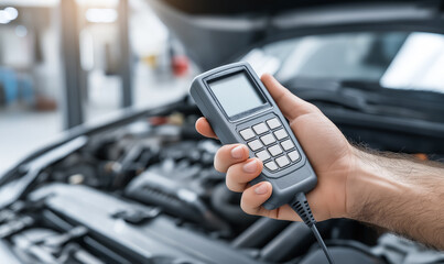 Mechanic holding a diagnostic scanner to check a car engine with the hood open in an auto repair shop. Concept of vehicle maintenance and engine diagnostics. Copy space available.