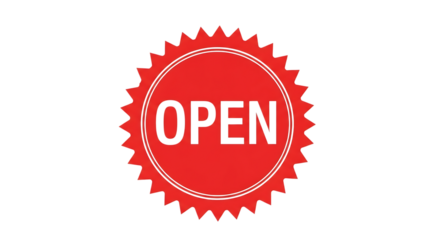 Ultra highresolution, professional studio photography of illustration of red circular sign with jagged edge and the word open in white text, isolated on transparent background