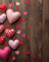 Fototapeta premium Valentine’s Day, felt hearts, heart decor, wooden background, love theme, romantic decoration, handmade hearts, rustic style, red hearts, pink hearts, cozy decor, Valentine craft, heart shapes, love s