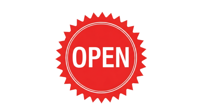 Ultra highresolution, professional studio photography of illustration of red circular sign with jagged edge and the word open in white text, isolated on transparent background