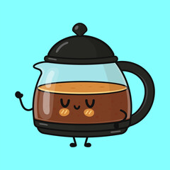 Cute smiling coffee maker cartoon character having coffee