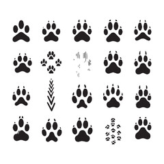 Fototapeta premium Grid of twenty black animal paw prints and abstract graphic symbols on a white background footprint