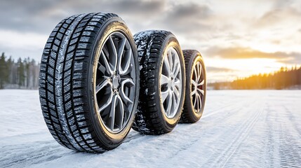 Three winter tires with a distinctive tread pattern are positioned on a snowy surface, showcasing a rugged design against a backdrop of a dusky sky and distant trees during a bright, golden sunset.