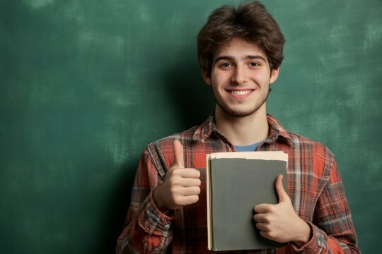 Happy young student holding a book, giving a thumbs up sign, symbolizing success and positive approval for education and learning - Powered by Adobe