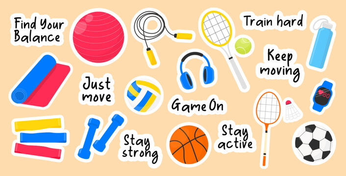 Vector set of fitness and sport stickers with motivational quotes. Includes gym equipment, balls, yoga mat, water bottle, smartwatch, and active lifestyle icons in colorful design.