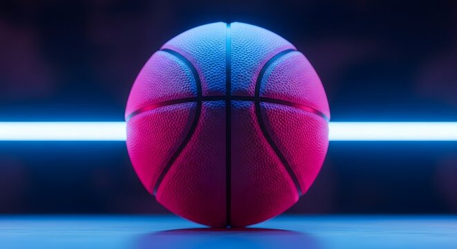 Futuristic basketball illuminated by neon lights on a dark background