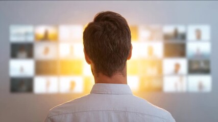 Man facing virtual screen, concept of digital communication, futuristic technology interface, warm glow suggests sunrise or new beginnings