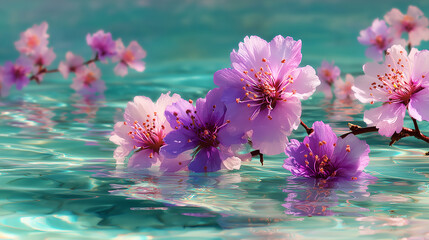 Pink and purple flowers float on turquoise water, reflecting soft morning light and peaceful serenity.
