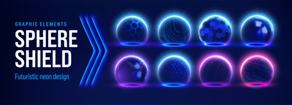 Shield sphere with protective dome effect and 3D glass barrier textures. Blue energy grid patterns or hexagon force fields for game backgrounds. Holographic bubble surfaces or geometric plasma.