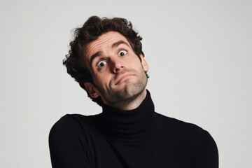 Obraz premium Young man with curly hair wearing a black turtleneck shirt, looking curious and surprised, tilting head sideways