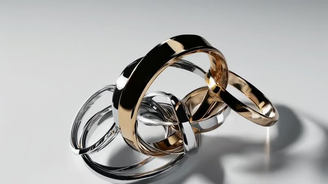 A composition of interlocked bands in silver and gold on a white surface, creating an abstract design