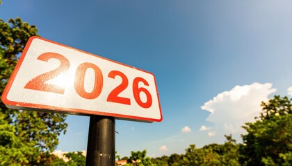  Text 2026 on red sign against blue sky 