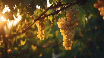 Obraz premium Ripe, golden grapes hang gracefully from a vine in a sun-drenched vineyard, their clusters illuminated by warm sunlight creating a beautiful display of nature's bounty, with vibrant green leaves...