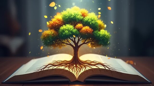A vibrant tree emerging from an open book, symbolizing knowledge and growth in a cozy setting