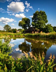 Obraz premium Rustic pond scene under a summer sky