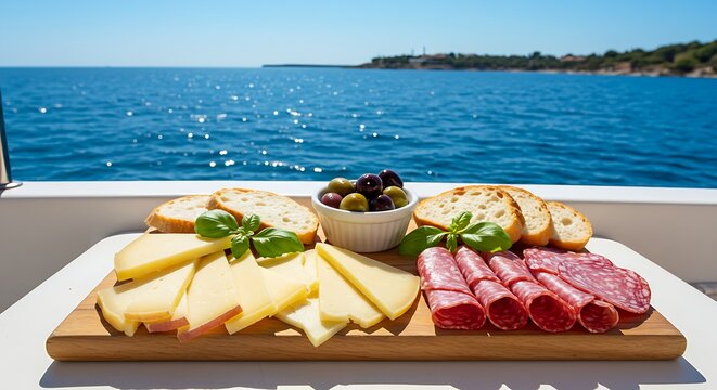 Enjoy delicious cheese, salami, and olives on a boat with breathtaking ocean views under the bright sun, ideal for luxury travel and culinary experiences