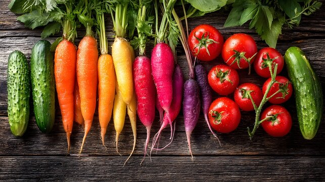 Colorful and fresh assortment of various vegetables, including vibrant carrots, crisp cucumbers, juicy tomatoes, and radishes, arranged on a rustic, textured wooden surface, creating a visually...