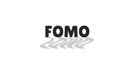 FOMO acronym modern digital slang with wavy gray shadow. Fear of missing out lingo. Anxious feeling. Psychology term. Bold typography. Social buzzword. Black white trendy design. Lilita One font used