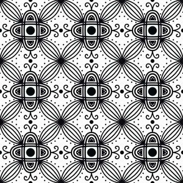 Monochrome abstract seamless pattern with ornamental symmetry. Perfect for fabric, wallpapers, and printable products