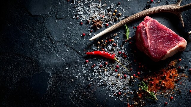 Raw, fresh, red meat steak with various herbs and spices, including chili peppers, salt, and rosemary, presented artistically against a dark, textured background, evoking a mood of culinary... - Powered by Adobe