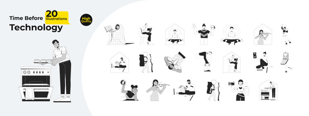 Diverse people enjoying offline hobbies outline illustrations mega bundle. Analog pastimes. Lifestyle before digital technology 2D linear images isolated. Collection black and white vector drawings