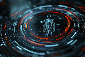 High tech hologram of human body with digital interface and glowing elements, showcasing anatomy and technology