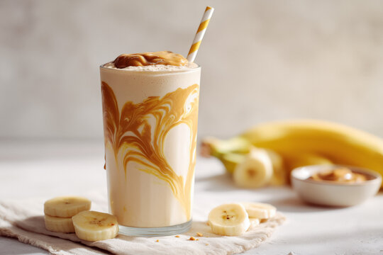 Indulge in a delicious banana peanut butter smoothie for a healthy and tasty treat, perfect for breakfast, snack, or dessert, enjoy a refreshing and creamy blend today - Powered by Adobe