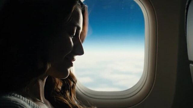 Femme regardant le ciel depuis le hublot d&rsquo;un avion en plein vol