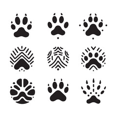 Fototapeta premium Nine Black Silhouette Icons Featuring Animal Paw Prints and Abstract Circular Designs on White Background