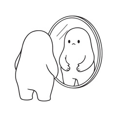 Sad character looking in a mirror at their belly, a concept of body image issues, weight insecurity, and low self-esteem, minimalist line art.
