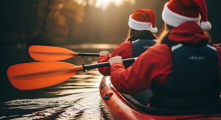 Two people in a kayak wearing santa hats enjoying a winter paddle