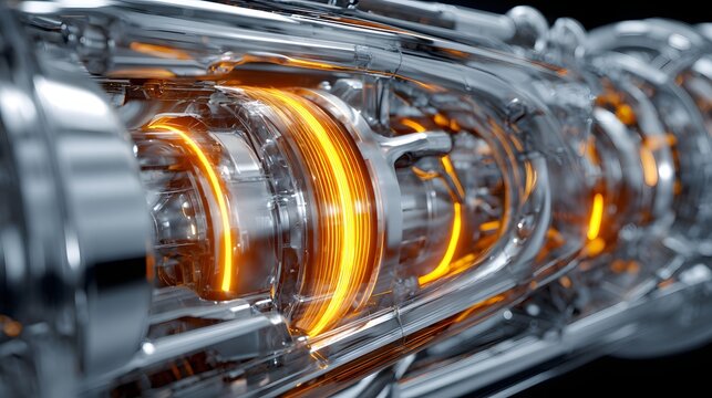 Detailed macro photograph reveals the intricate internal structure of a complex, futuristic metallic mechanism, showcasing glowing orange and yellow energy within the polished, reflective surfaces...