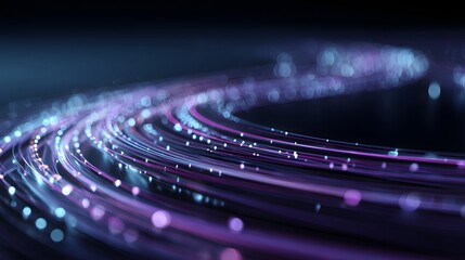 Flowing light trails and blurred bokeh create an abstract digital composition with a dark blue background.