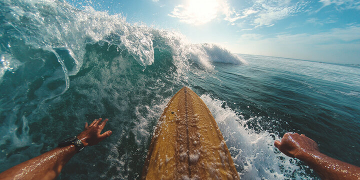 Riding surfboard on wave, arms extended, experiencing thrill of surfing, sunlight reflects off water, creating vibrant scene