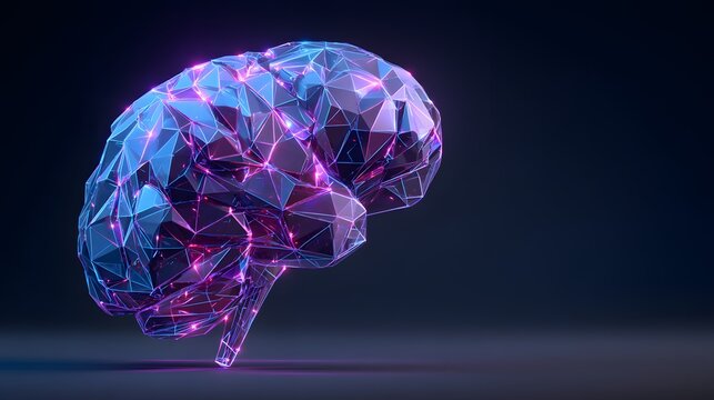 Illuminated geometric human brain model rendered in a digital artwork against a dark background, displaying vibrant neon purple and blue colors, representing abstract concepts, intelligence, and...