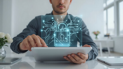 Professional safeguarding digital information on a tablet, showcasing modern cybersecurity measures with a glowing padlock symbol representing secure data protection and privacy