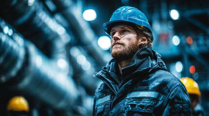 Engineer in a blue helmet carefully inspects industrial equipment at a factory under cold lighting.
