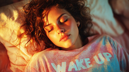 A girl sleeps on a pillow in soft morning light, sunlight gently touching her face.
