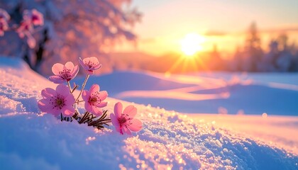 Pink flowers in snow at sunrise