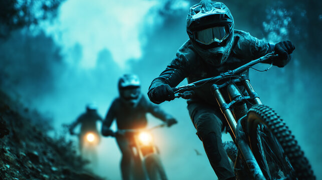 A group of cyclists in helmets races down a mountain trail in mist and cold light.