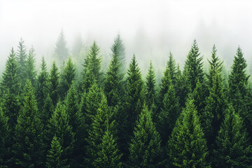 Obraz premium Serene foggy forest scene with lush green pine trees creating mysterious atmosphere