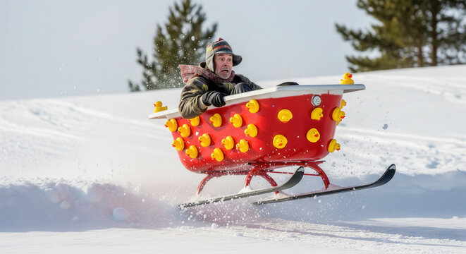 Humorous winter scene of a man riding a red bathtub covered in yellow rubber ducks, sliding fast over snowy slope outdoors.