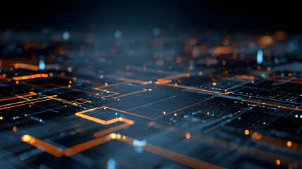 Electronic circuit board features intricate patterns and glowing orange and blue highlights, displaying an abstract representation of connected pathways with digital data movement.