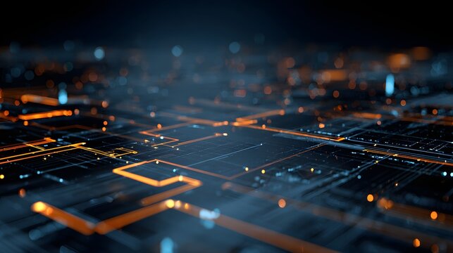 Electronic circuit board features intricate patterns and glowing orange and blue highlights, displaying an abstract representation of connected pathways with digital data movement.
