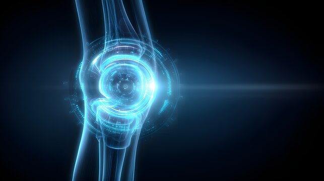 Illustration showcasing a futuristic, translucent human knee joint illuminated in vibrant, cyan-blue hues, set against a deep, dark blue backdrop.