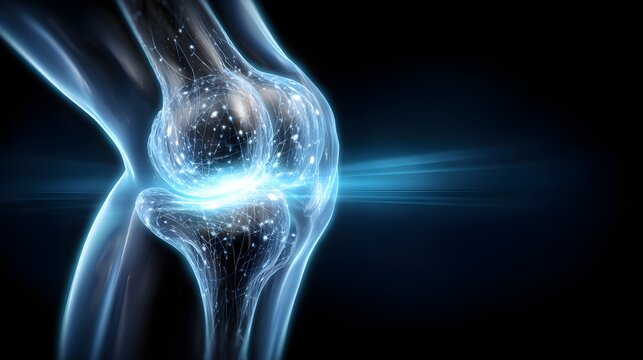 Depiction of a human knee joint visualized with a glowing, futuristic aesthetic against a dark background.