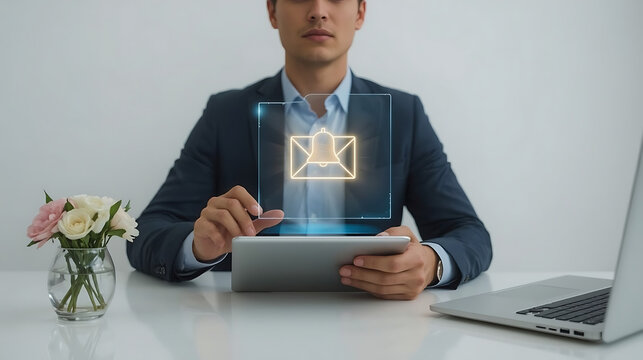 Professional interacting with a holographic digital notification, symbolizing cutting-edge communication and efficient business processes in a modern, technologically advanced workspace - Powered by Adobe