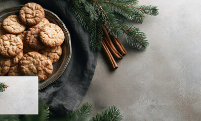 Flat lay of star-shaped Christmas cookies with white glaze on metal tray. Minimal festive food composition, top view.